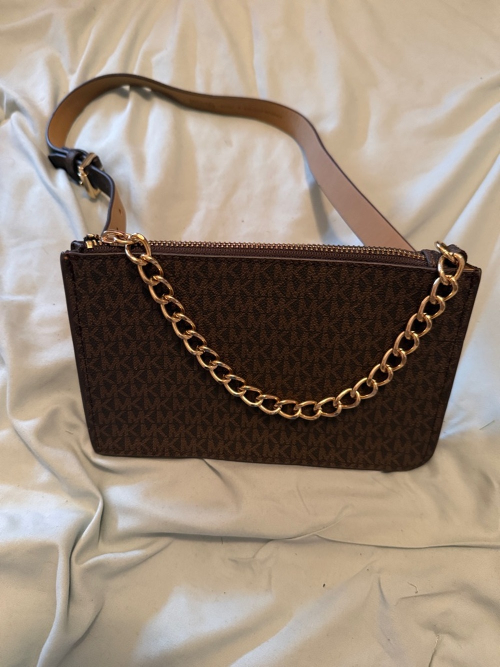 Michael Kors Brown Monogram Crossbody with Gold Chain Accent